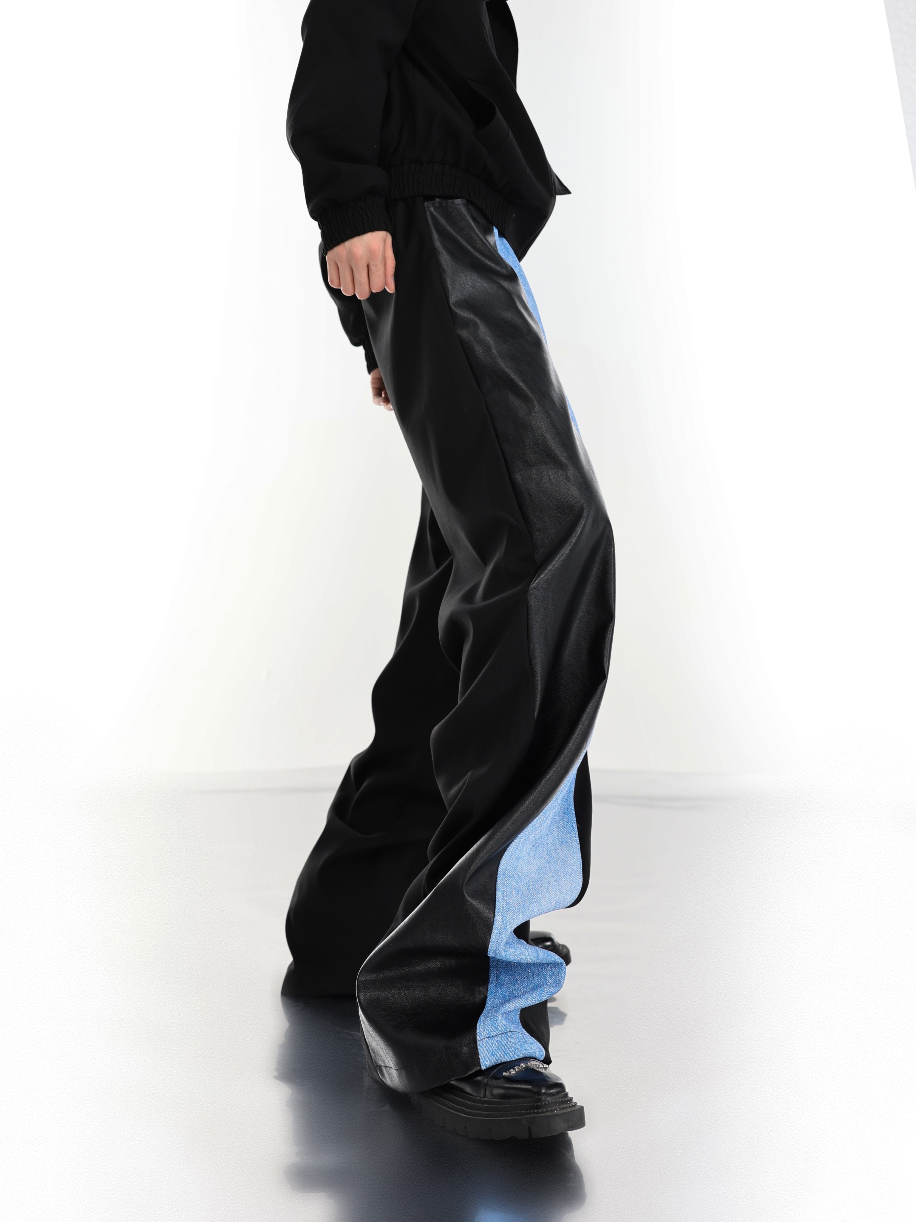 【23s July.】PU Leather Blue Black Trousers-IYAMIUIO