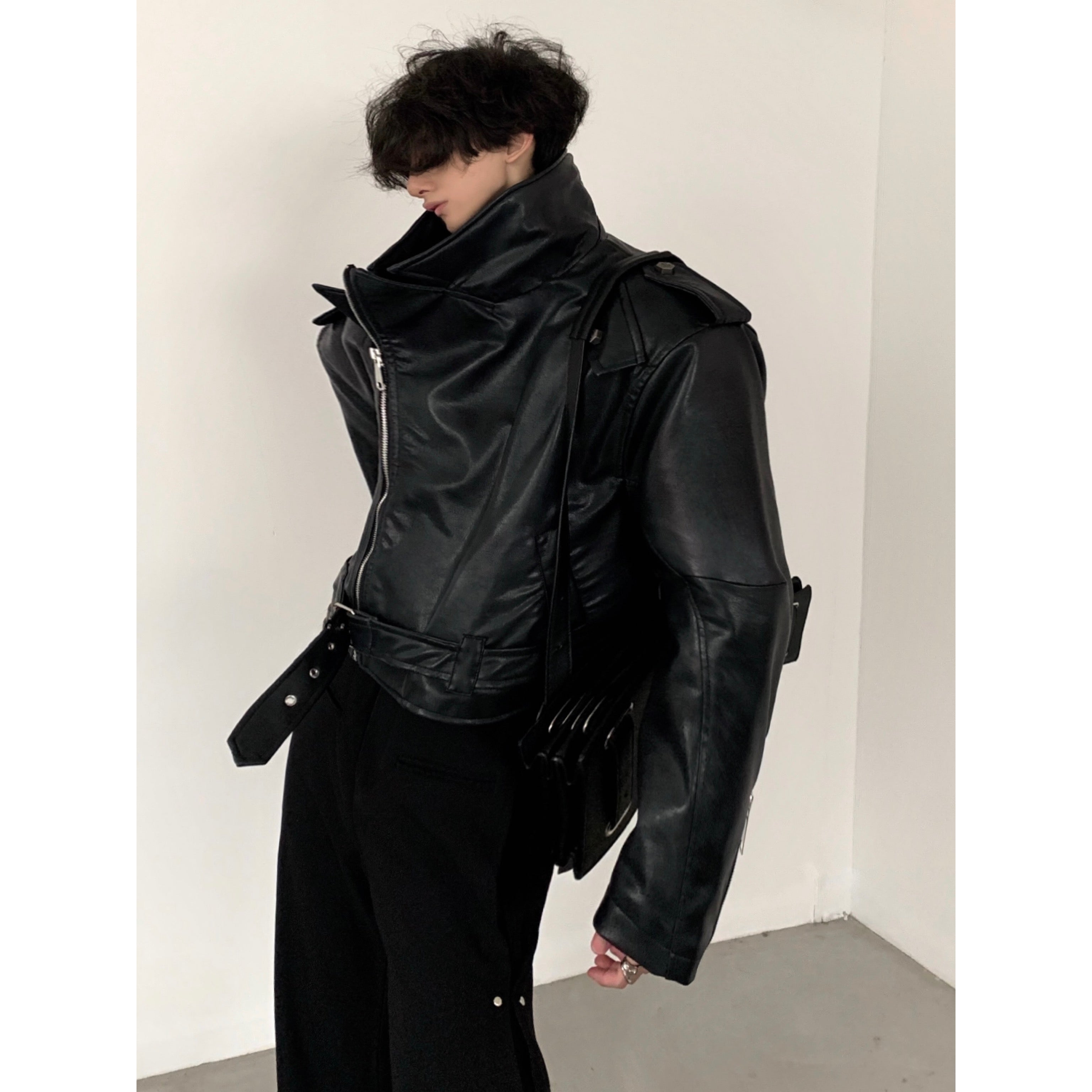 【23s November.】Motorcycle Silhouette Short Leather Jacket-IYAMIUIO