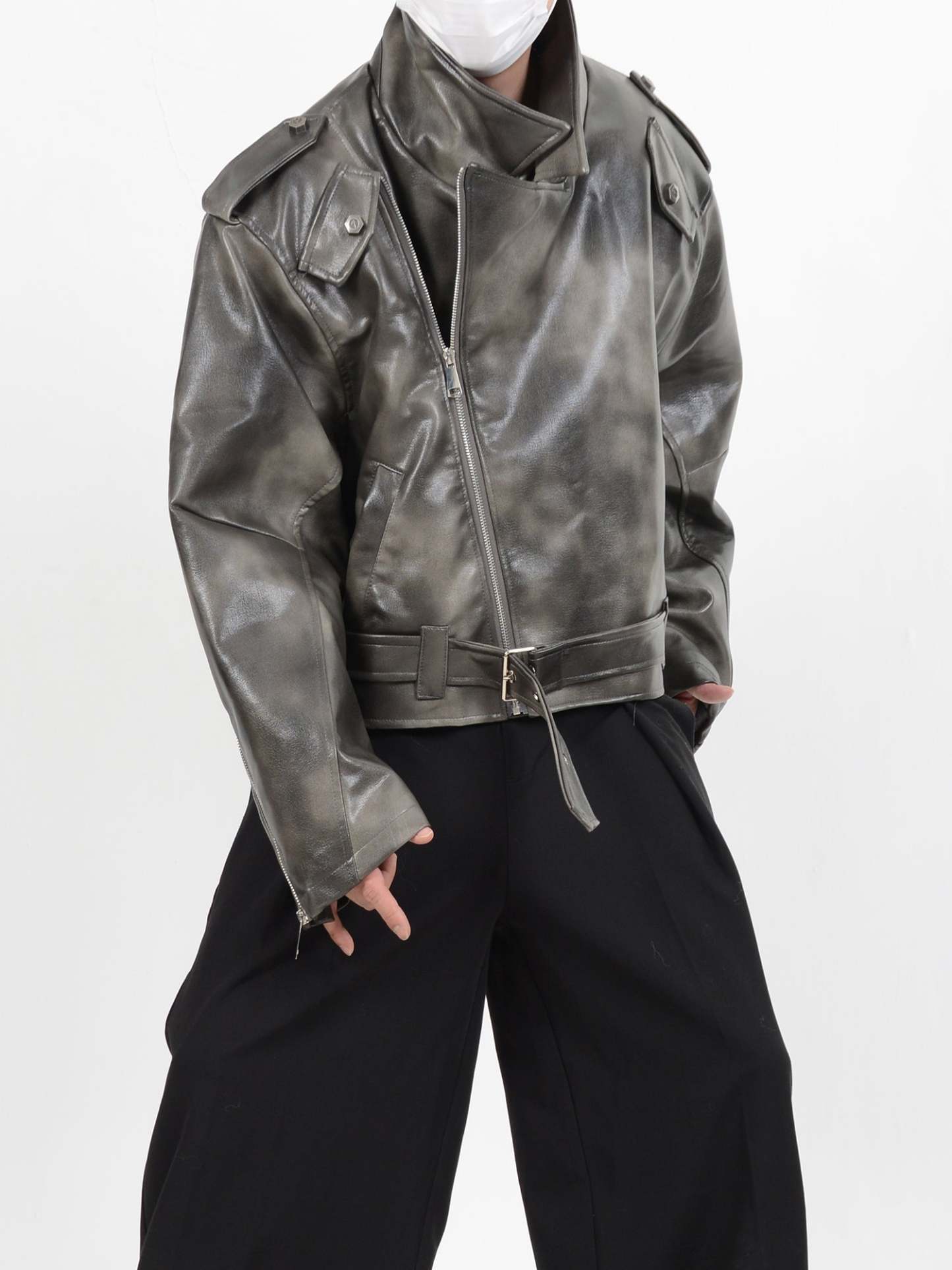 【24s January.】Deconstructed Diagonal Zipper Pu Leather Jacket-IYAMIUIO