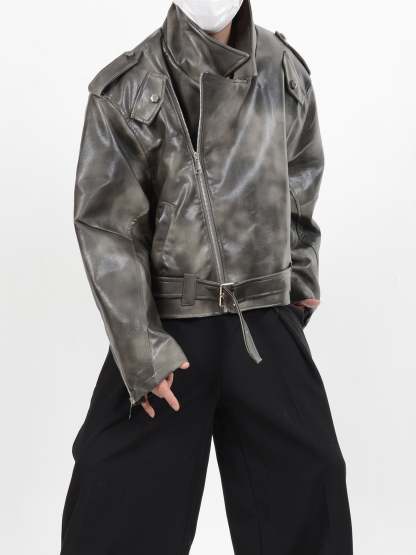 【24s January.】Deconstructed Diagonal Zipper Pu Leather Jacket-IYAMIUIO