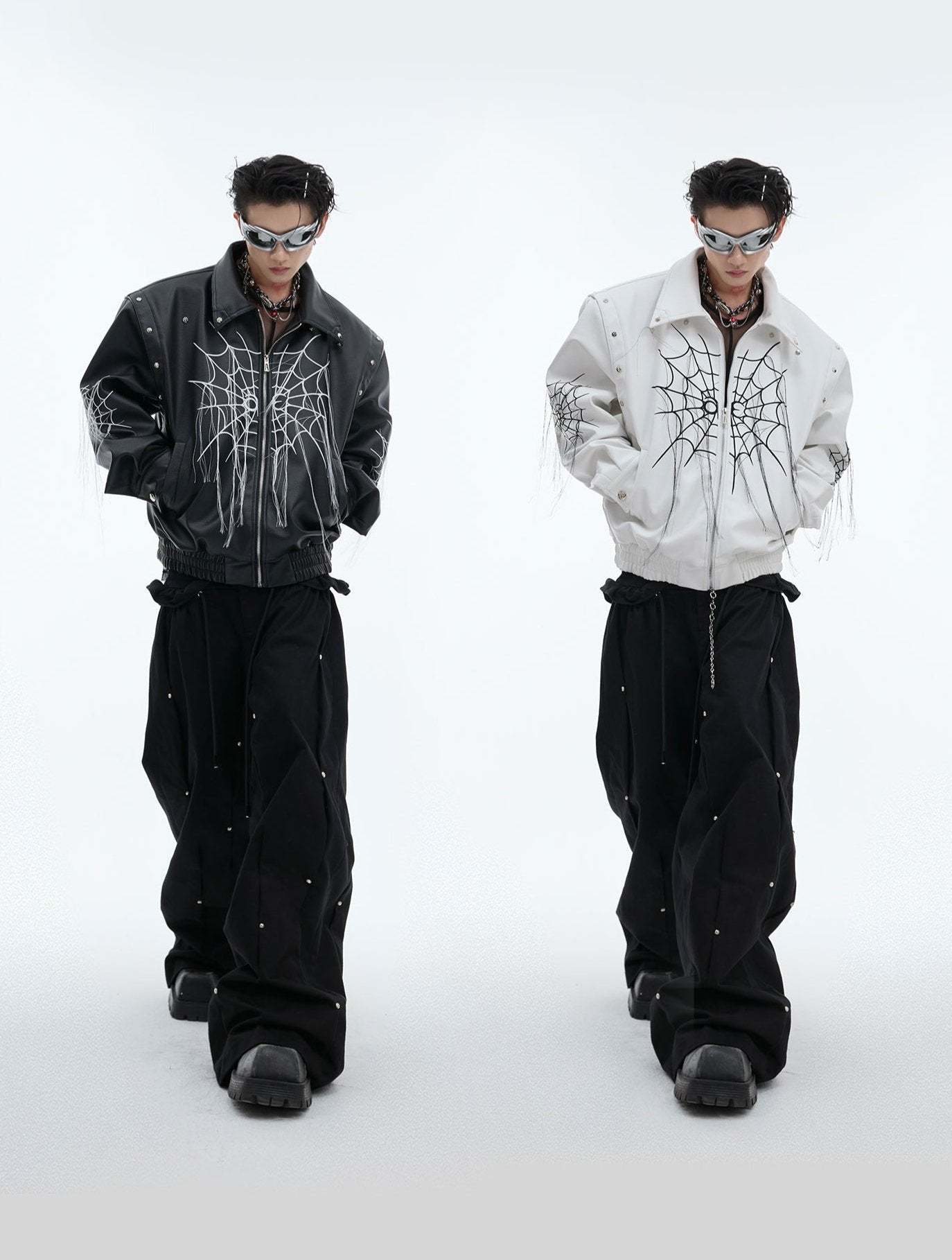 【24s Sep.】Spiderweb Metal Studded Tassel Leather Jacket-IYAMIUIO