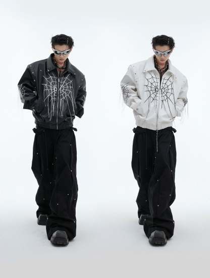 【24s Sep.】Spiderweb Metal Studded Tassel Leather Jacket-IYAMIUIO