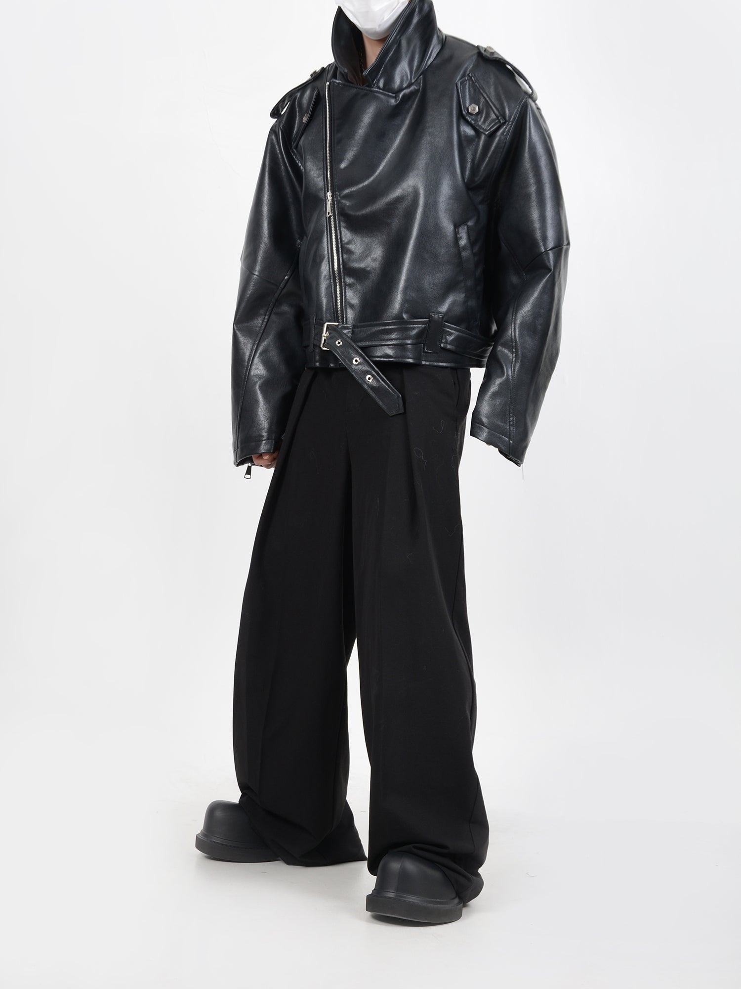 【24s January.】Deconstructed Diagonal Zipper Pu Leather Jacket-IYAMIUIO