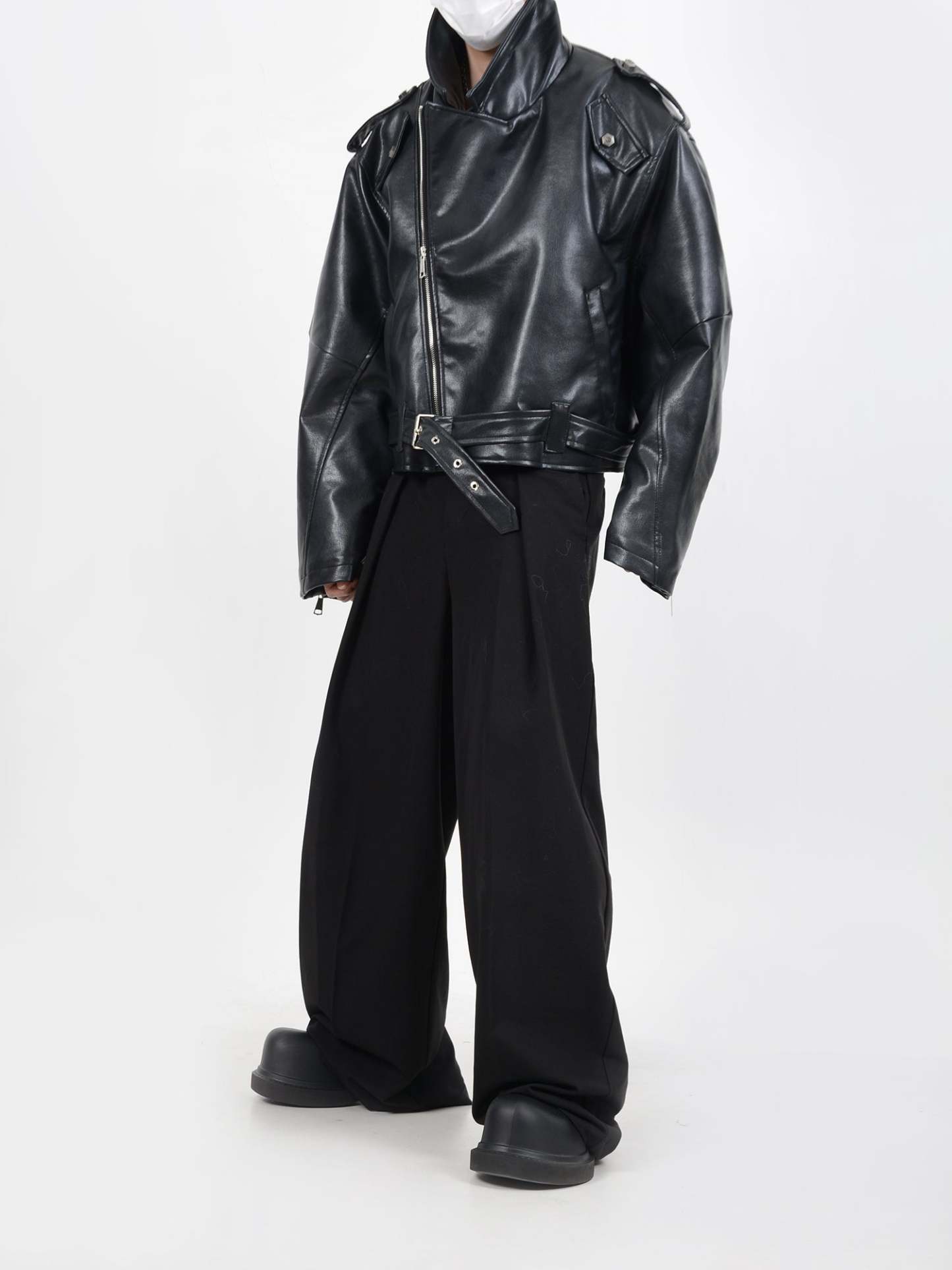 【24s January.】Deconstructed Diagonal Zipper Pu Leather Jacket-IYAMIUIO