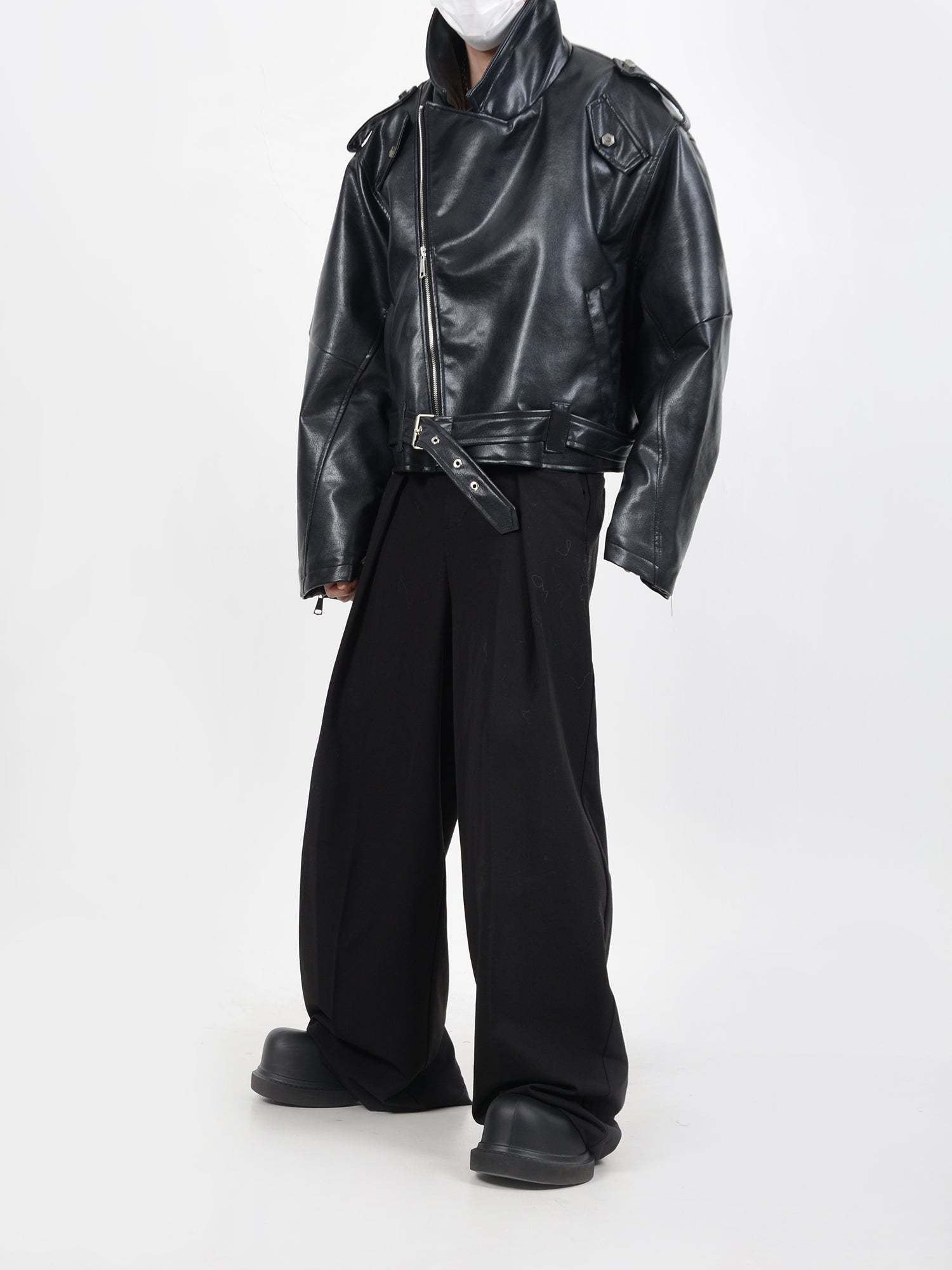 【24s January.】Deconstructed Diagonal Zipper Pu Leather Jacket-IYAMIUIO