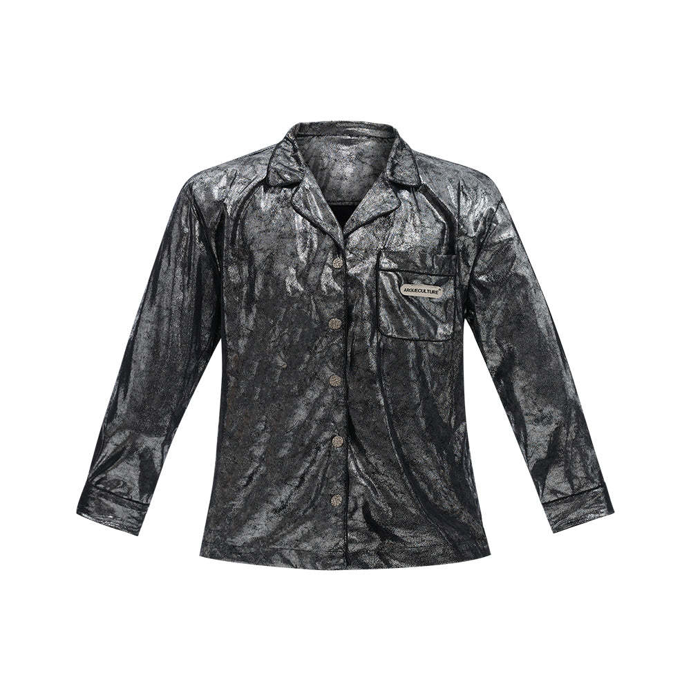 【24s Aug.】Liquid Silver Texture Metal Logo Embellished Shirt-IYAMIUIO
