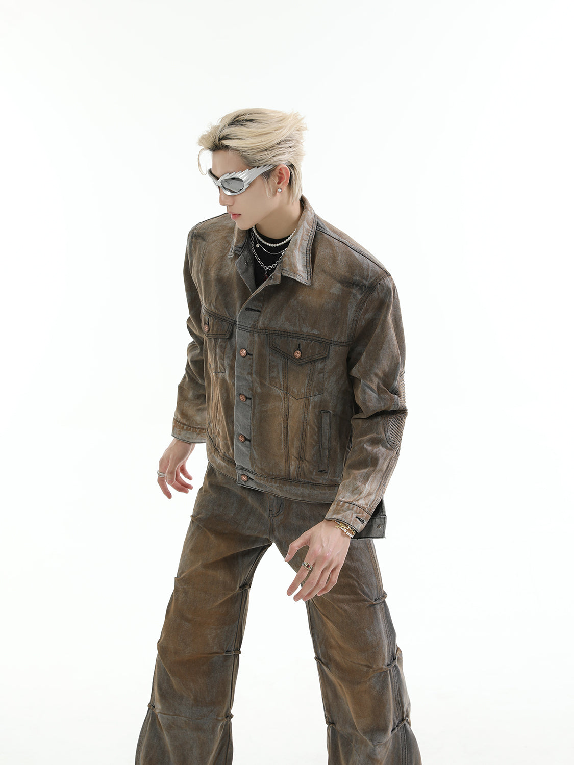 【24s Aug.】Mud-dyed Distressed Denim Shoulder Pad Jacket and Jeans Set-IYAMIUIO