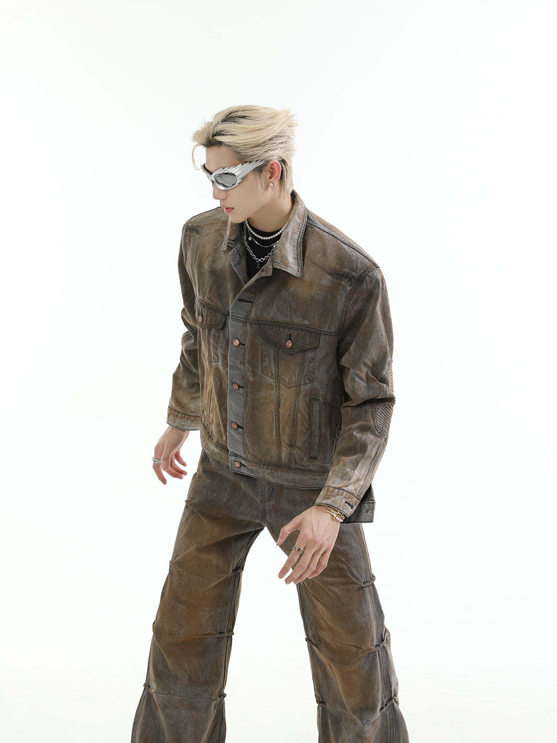 【24s Aug.】Mud-dyed Distressed Denim Shoulder Pad Jacket and Jeans Set-IYAMIUIO