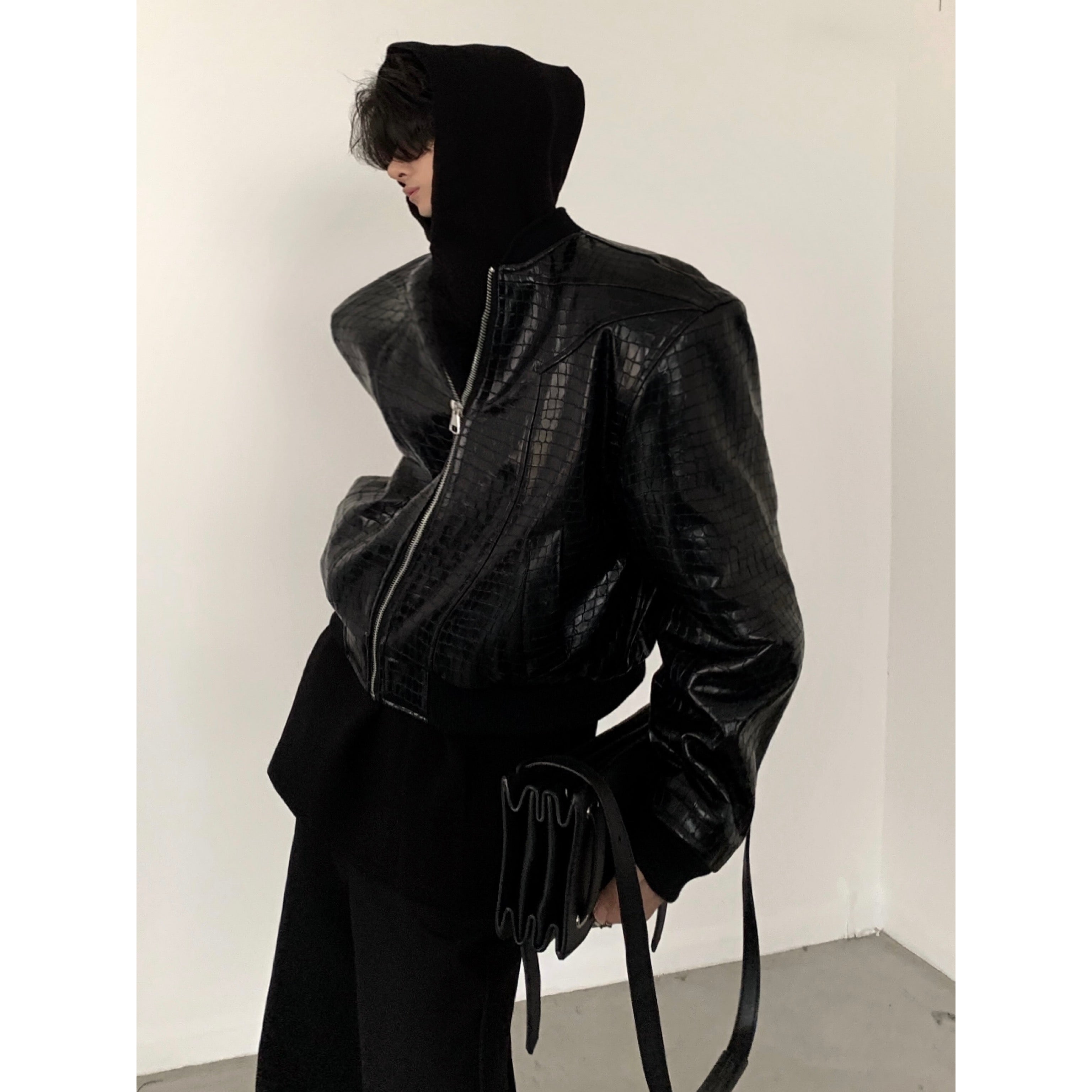 【23s November.】Crocodile Pattern Shoulder Pad Pu Leather Jacket-IYAMIUIO