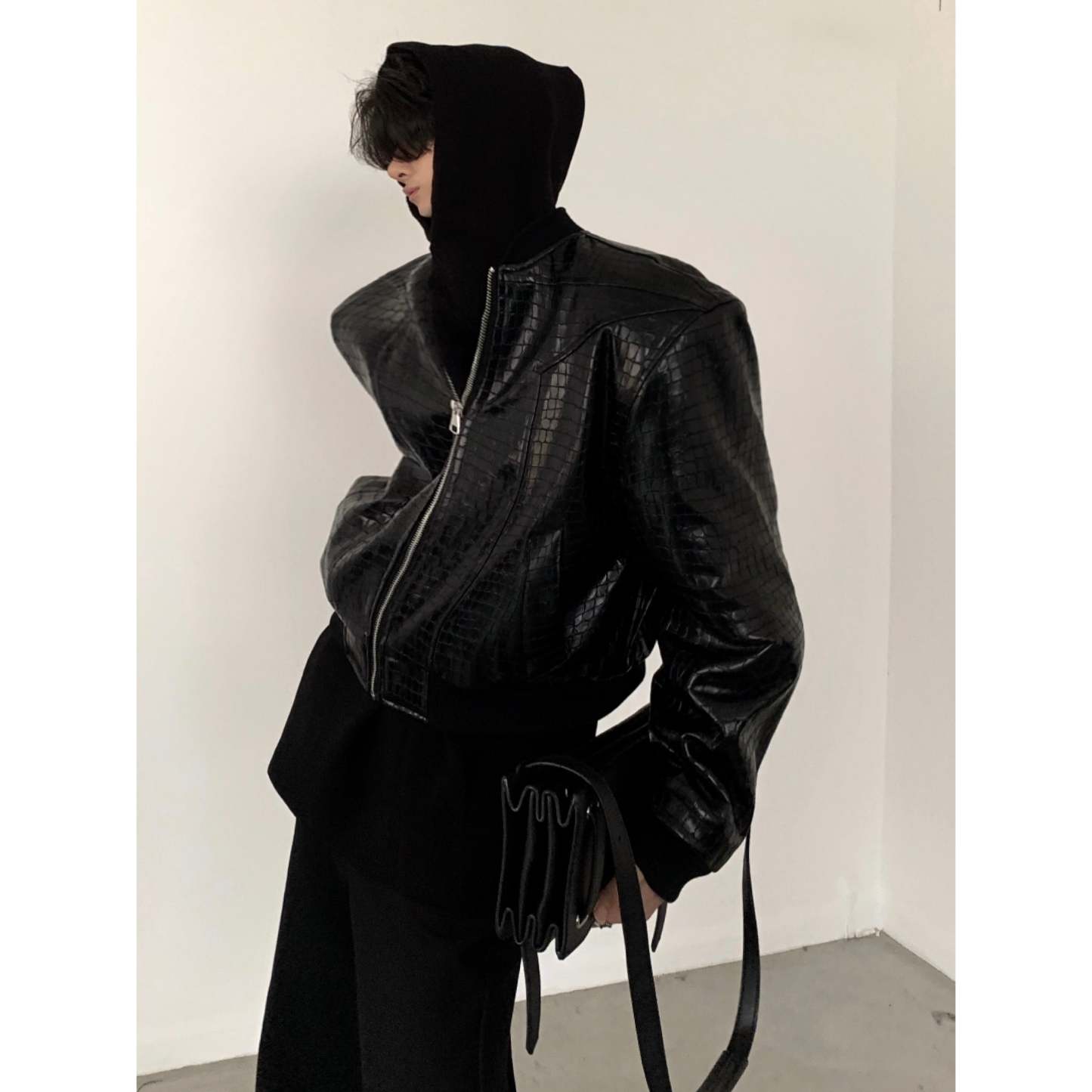 【23s November.】Crocodile Pattern Shoulder Pad Pu Leather Jacket-IYAMIUIO