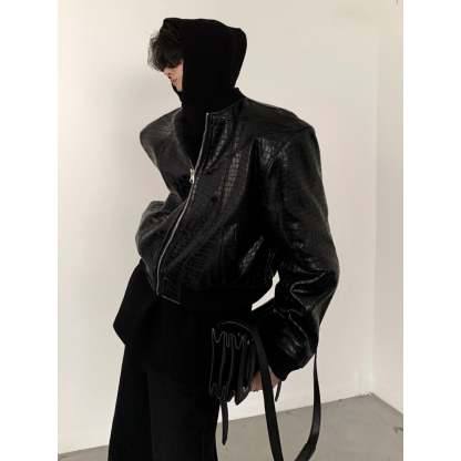 【23s November.】Crocodile Pattern Shoulder Pad Pu Leather Jacket-IYAMIUIO