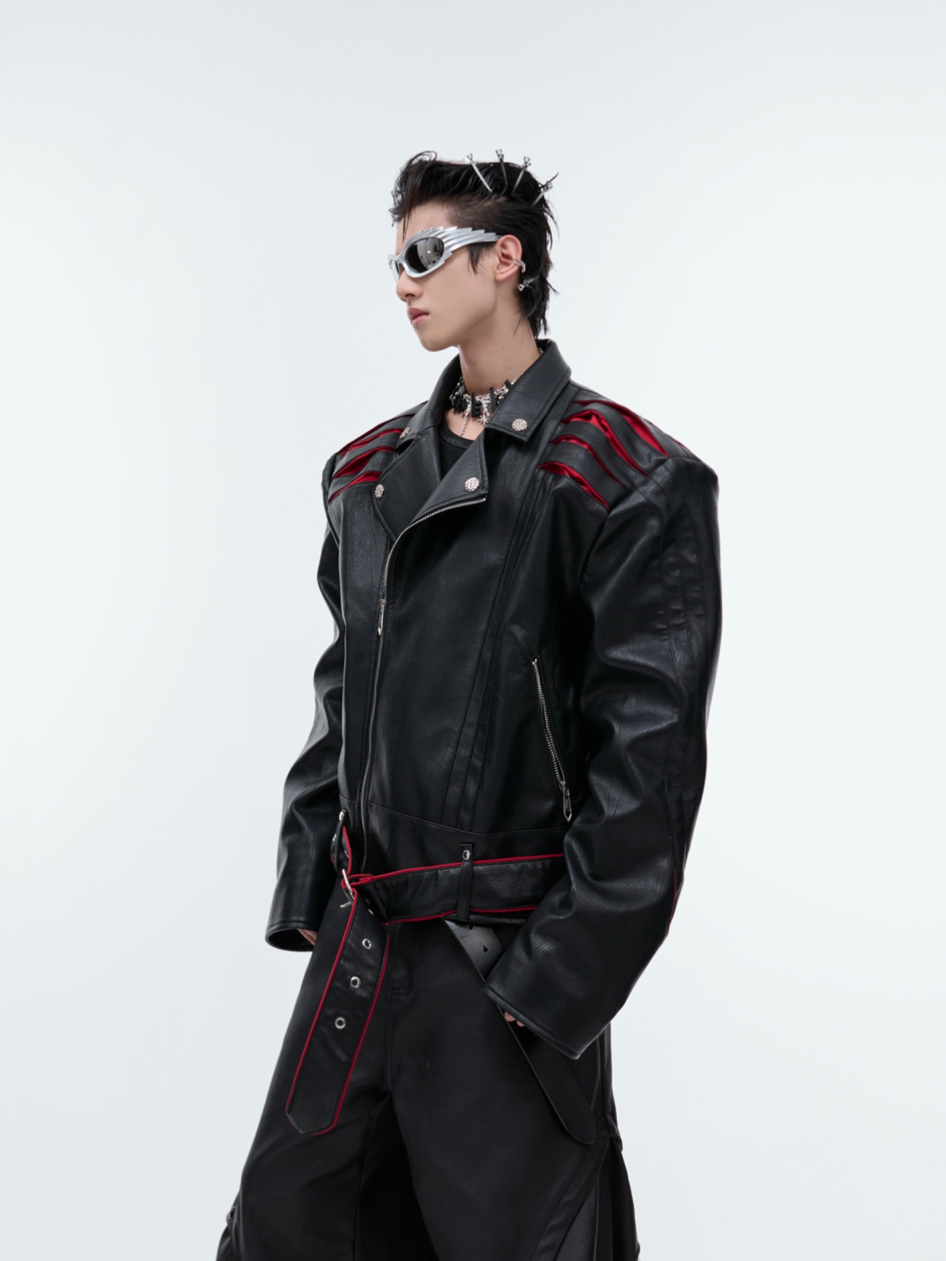 【24s Sep.】Pleated Spine Graphic Cropped Leather Biker Jacket-IYAMIUIO