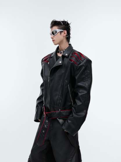 【24s Sep.】Pleated Spine Graphic Cropped Leather Biker Jacket-IYAMIUIO