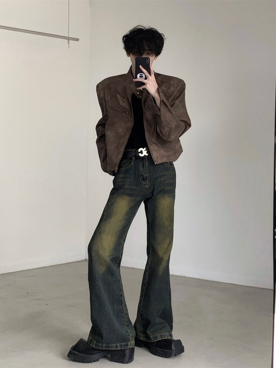 【23s August.】Brown Shoulder Pad Leather Jacket-IYAMIUIO