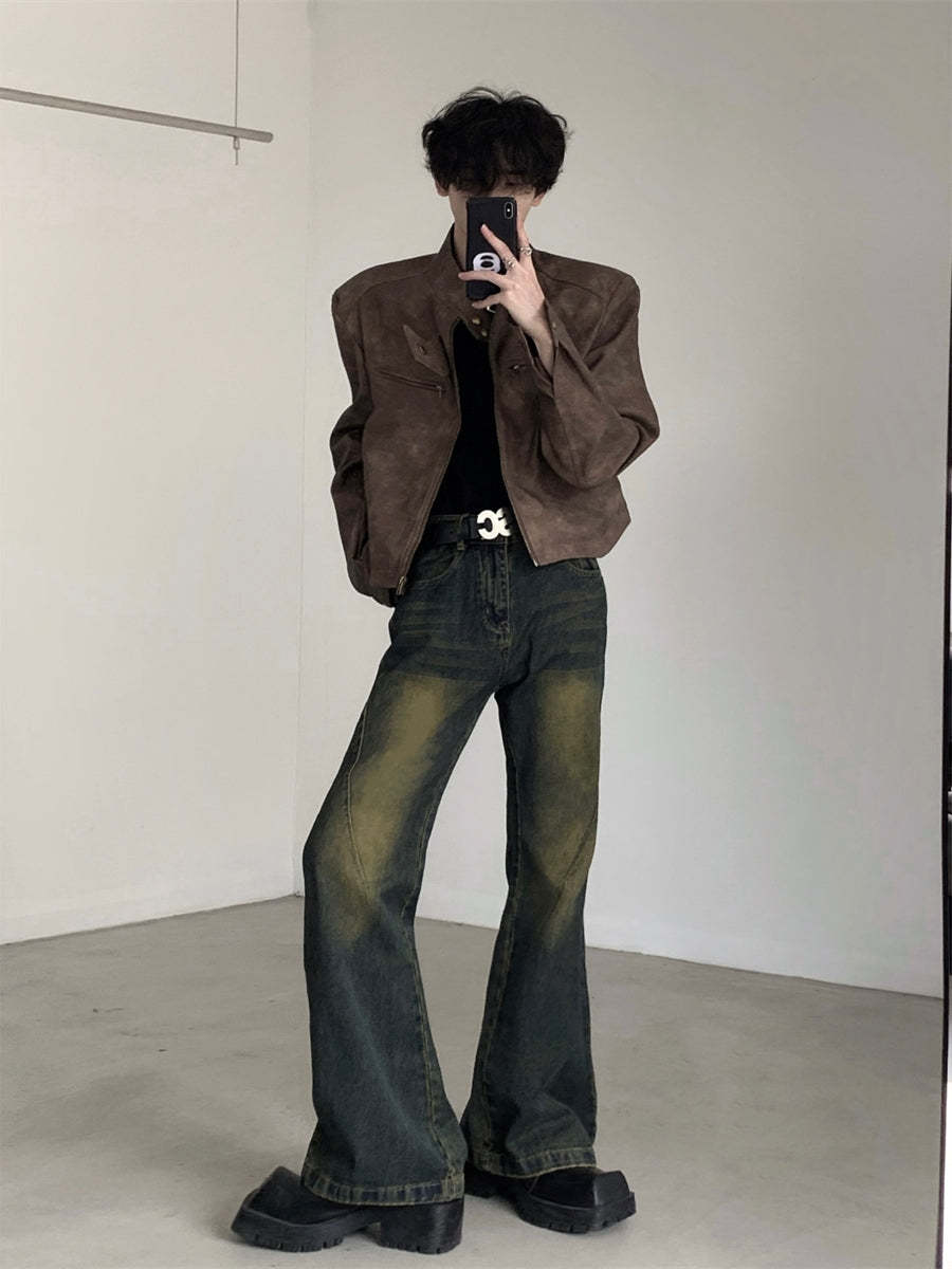 【23s August.】Brown Shoulder Pad Leather Jacket-IYAMIUIO