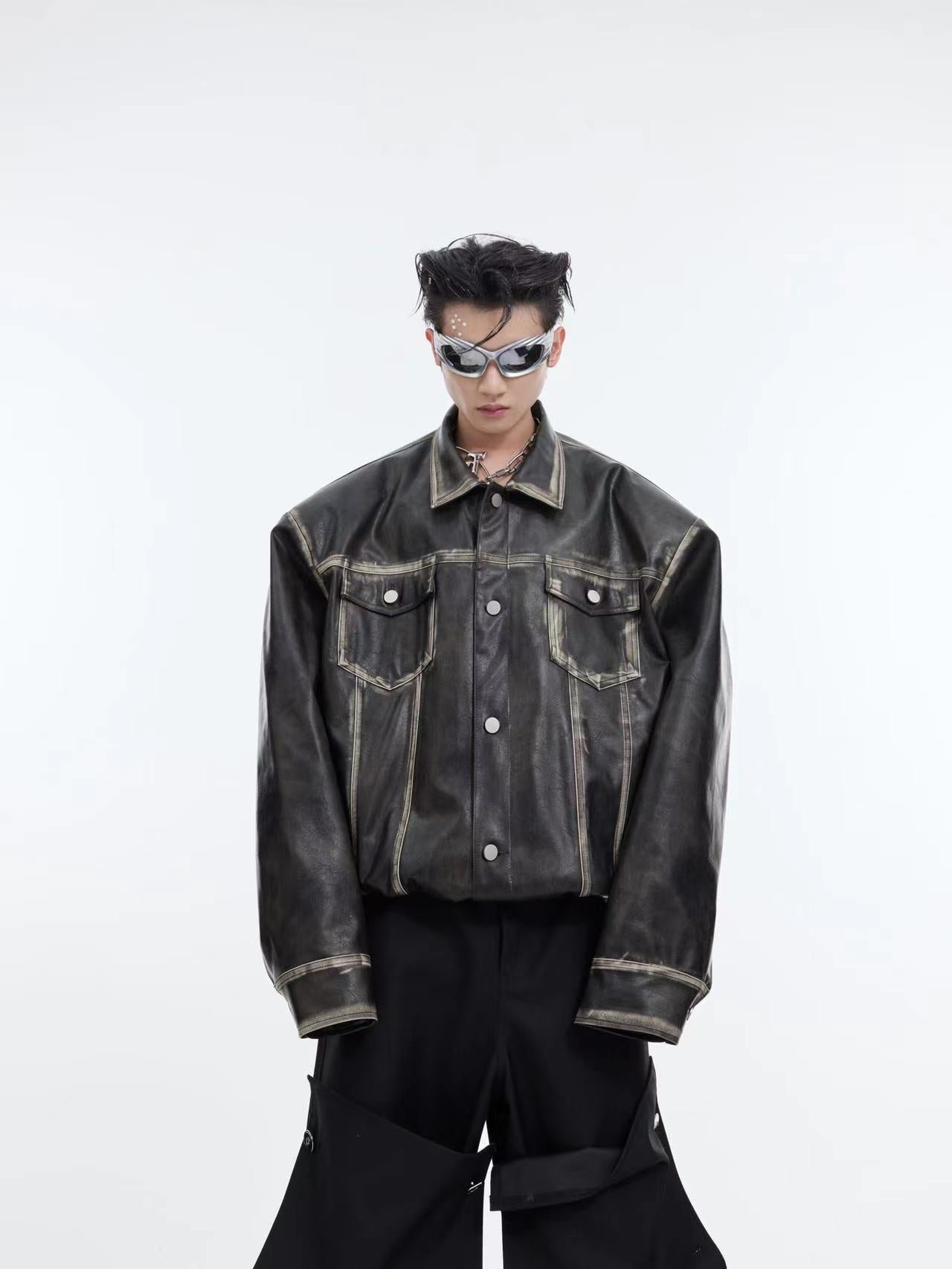 【24s February.】Retro Distressed Leather Jacket with Shoulder Pads-IYAMIUIO