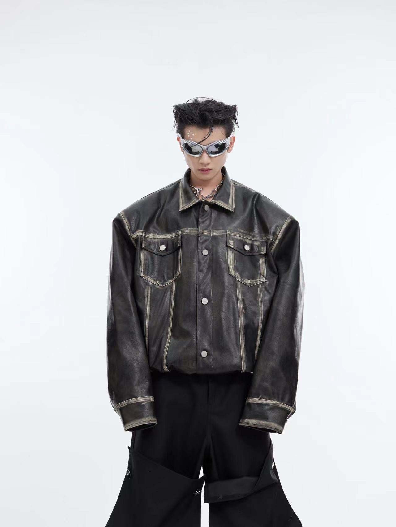 【24s February.】Retro Distressed Leather Jacket with Shoulder Pads-IYAMIUIO