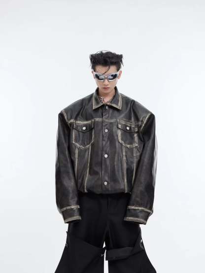 【24s February.】Retro Distressed Leather Jacket with Shoulder Pads-IYAMIUIO