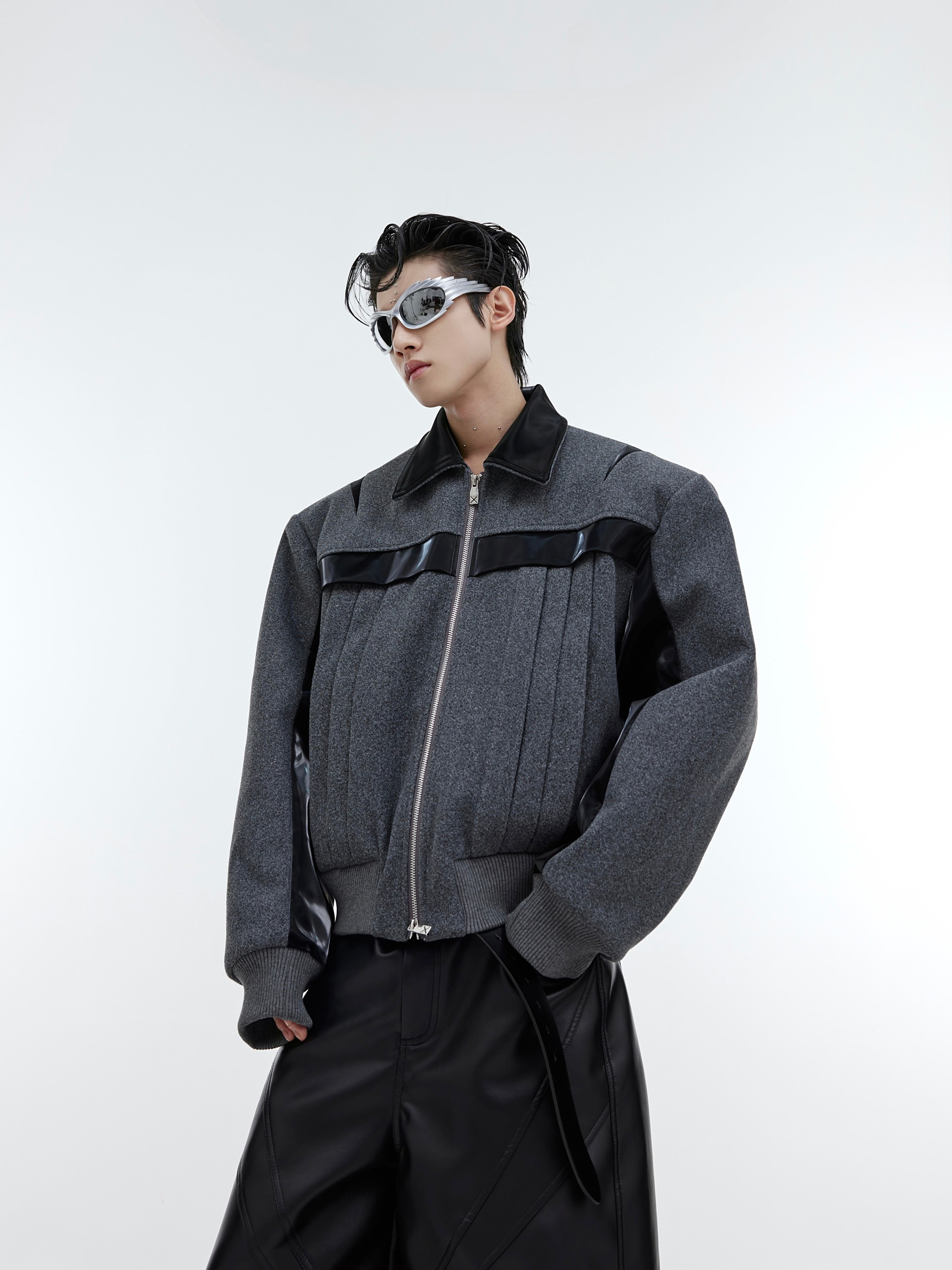 【23s November.】Deconstructed Split Glossy PU Leather Patchwork Woolen Jacket-IYAMIUIO