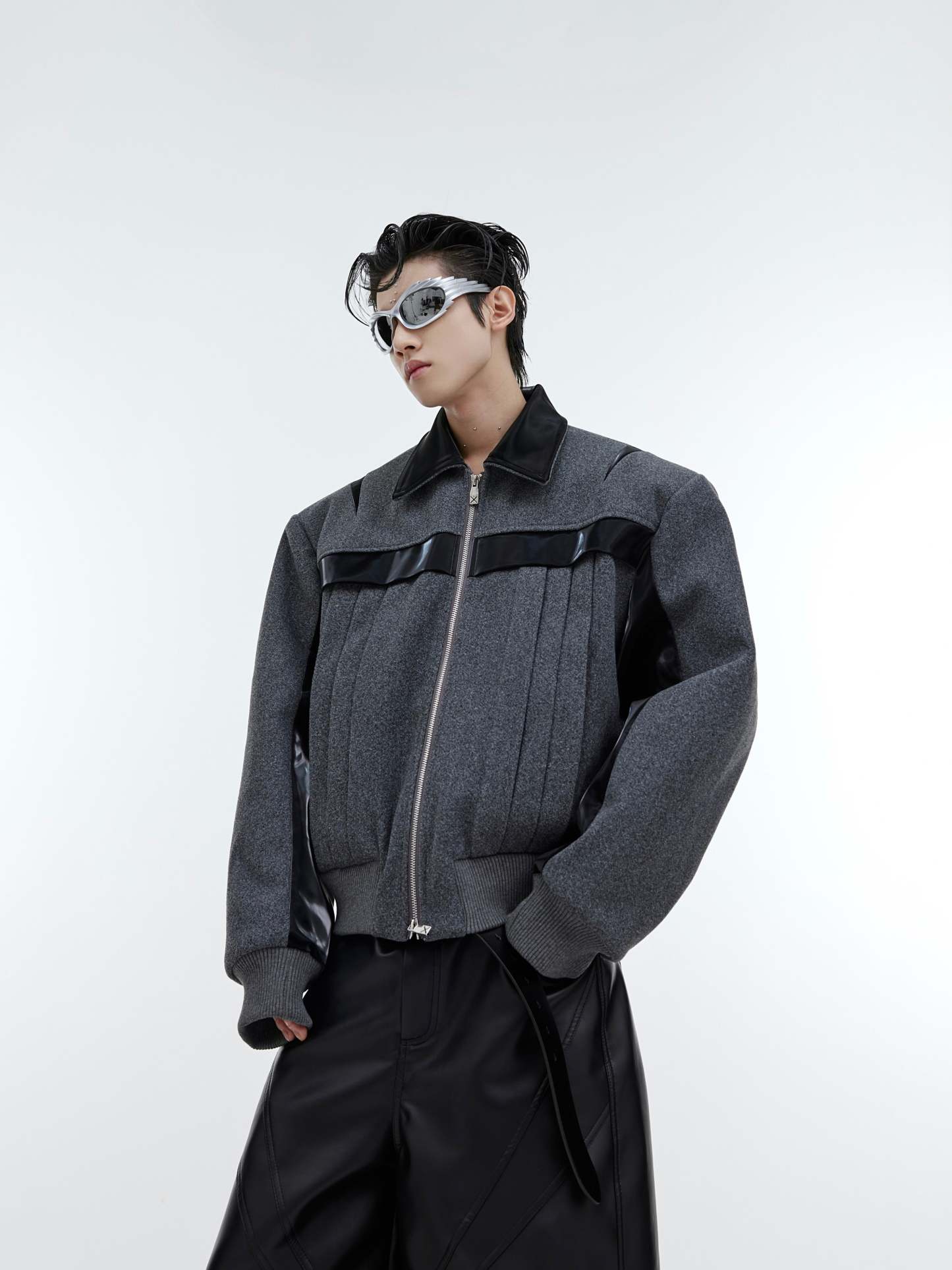 【23s November.】Deconstructed Split Glossy PU Leather Patchwork Woolen Jacket-IYAMIUIO