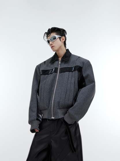 【23s November.】Deconstructed Split Glossy PU Leather Patchwork Woolen Jacket-IYAMIUIO
