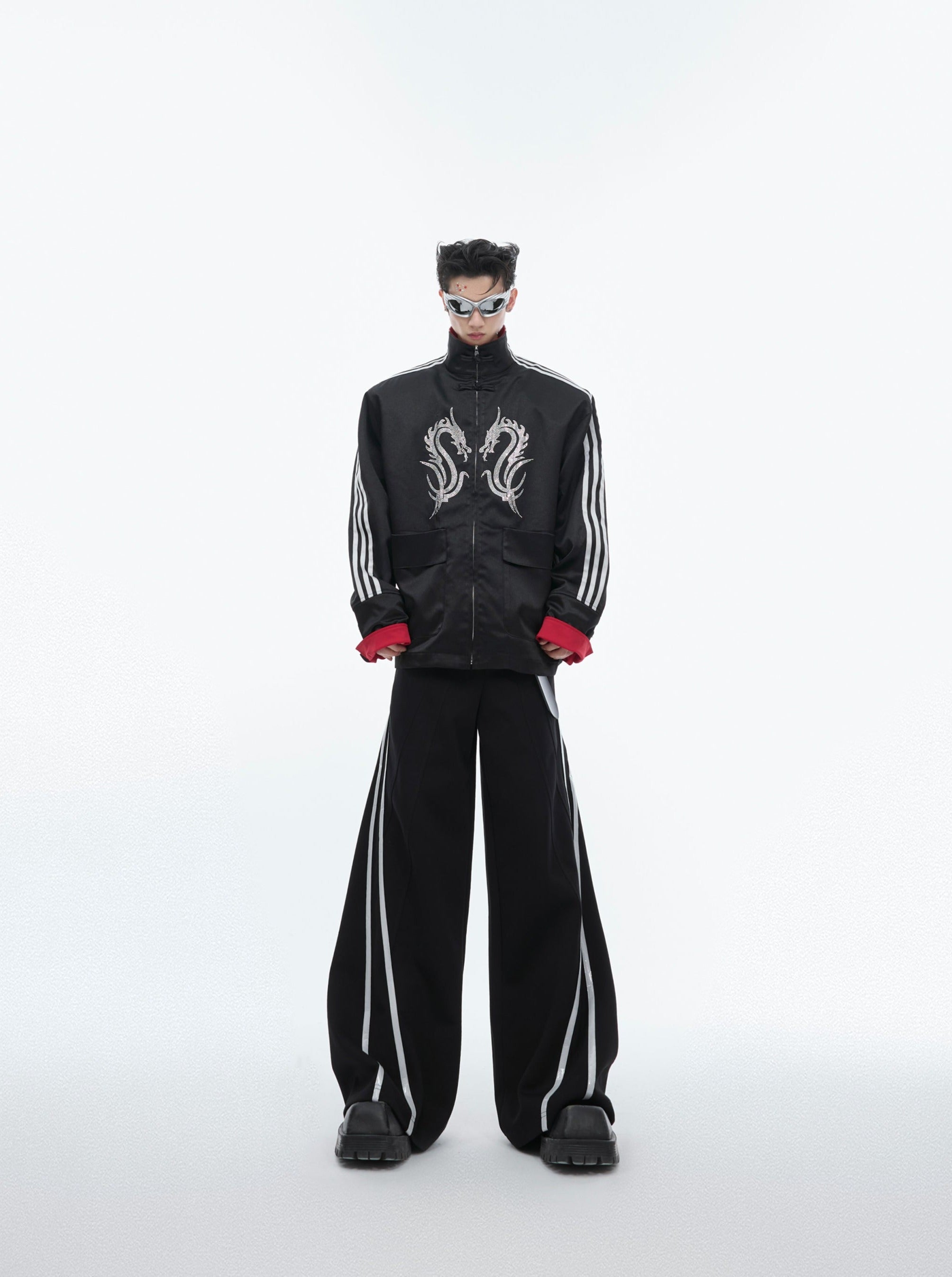 【24s May.】Stand-collar Disc-button Dragon-print Diamond-embellished Jacket-IYAMIUIO