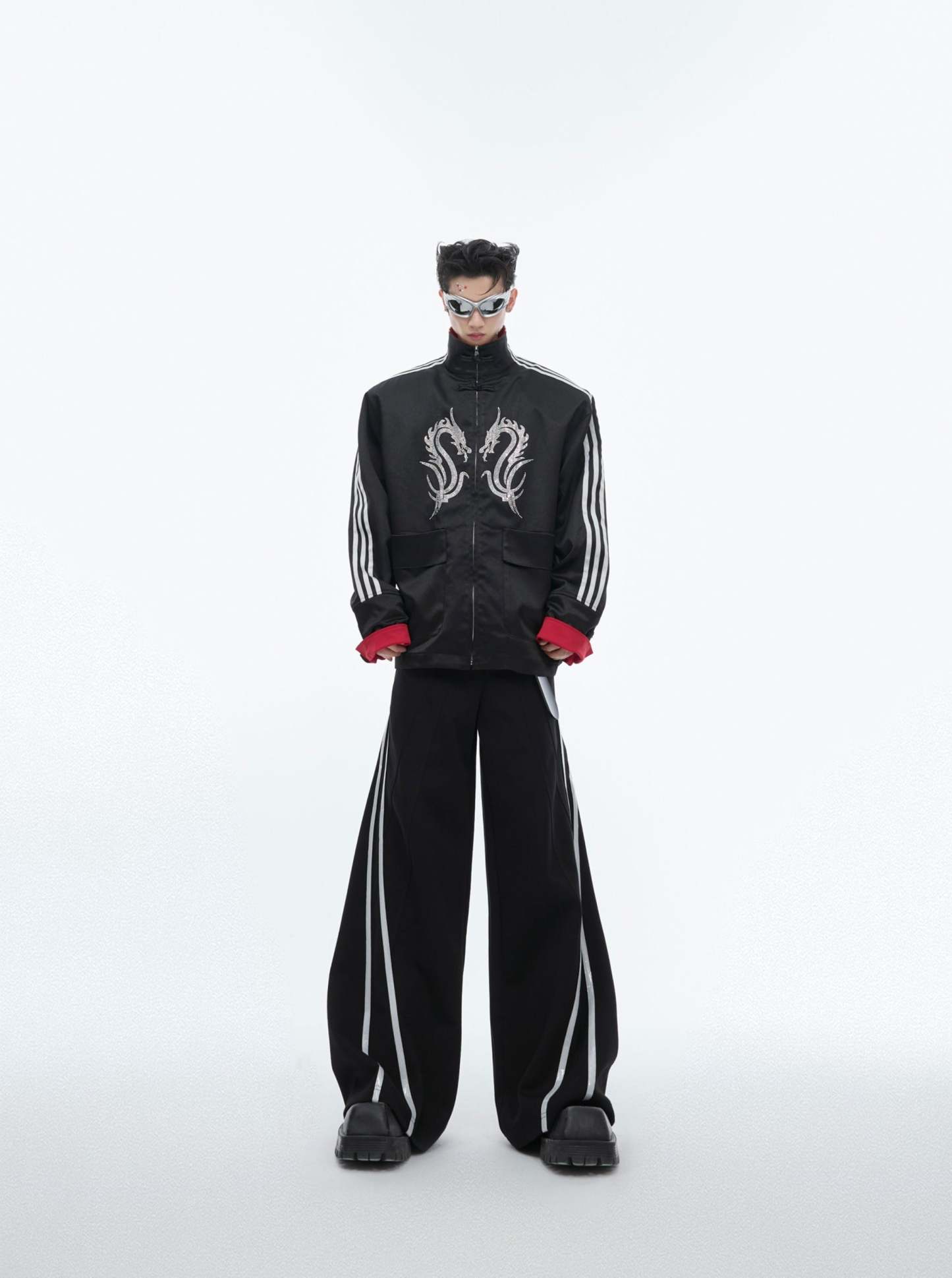 【24s May.】Stand-collar Disc-button Dragon-print Diamond-embellished Jacket-IYAMIUIO