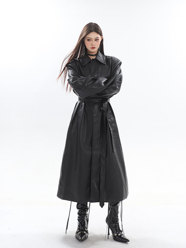 【23s October.】Long PU Leather Windbreaker Jacket-IYAMIUIO