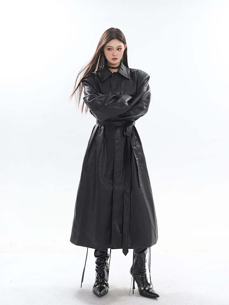 【23s October.】Long PU Leather Windbreaker Jacket-IYAMIUIO