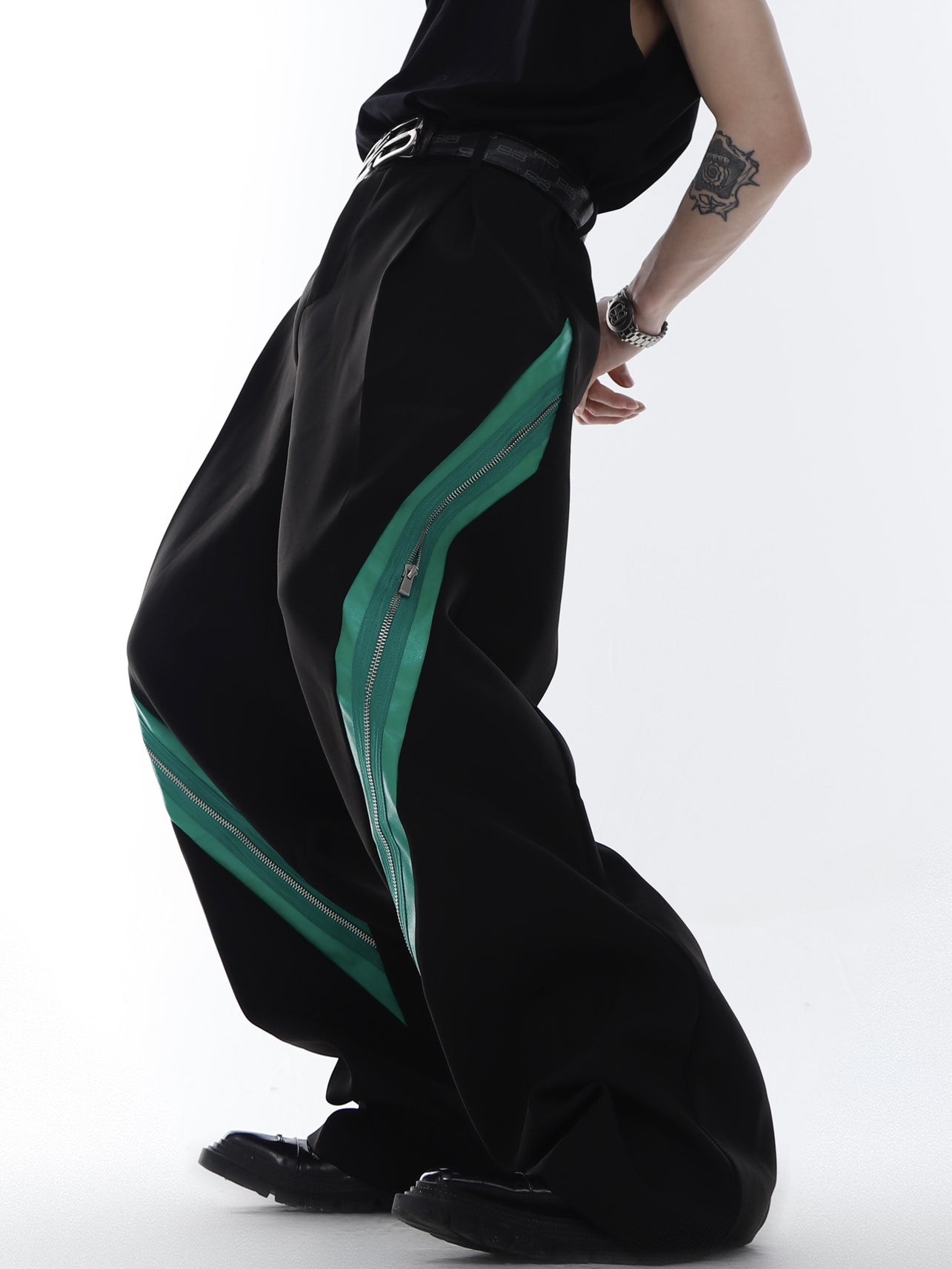 Zipper Contrast Color Stitching Trousers-IYAMIUIO