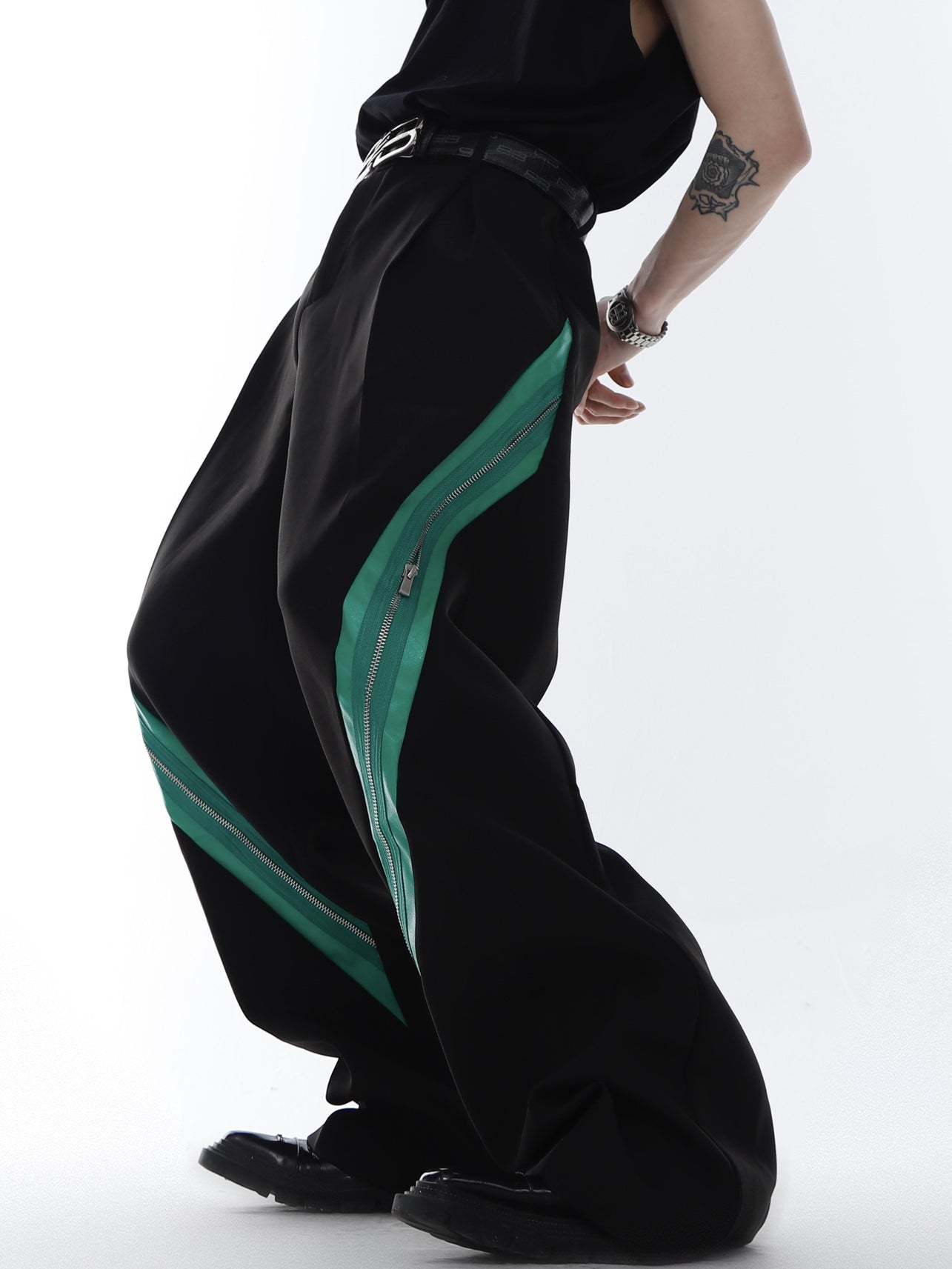 Zipper Contrast Color Stitching Trousers-IYAMIUIO