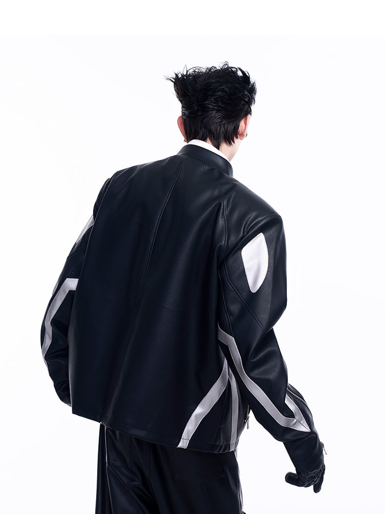 【24s Aug.】Diagonal Zipper Short Leather Biker Jacket-IYAMIUIO