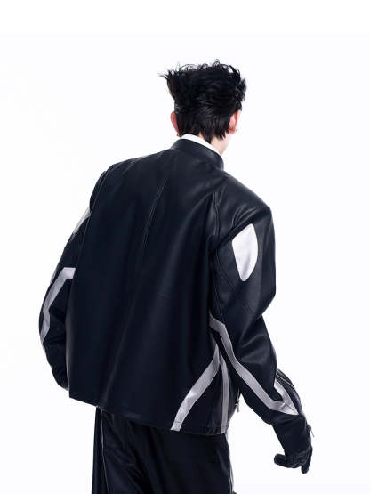 【24s Aug.】Diagonal Zipper Short Leather Biker Jacket-IYAMIUIO