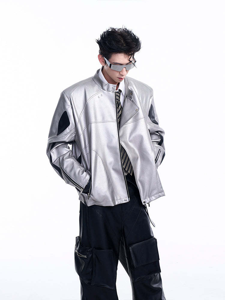 【24s Aug.】Diagonal Zipper Short Leather Biker Jacket-IYAMIUIO