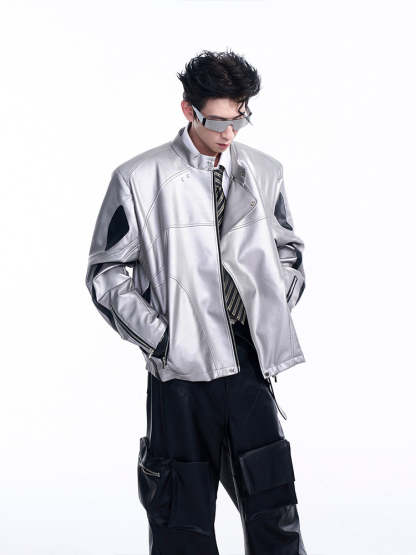 【24s Aug.】Diagonal Zipper Short Leather Biker Jacket-IYAMIUIO