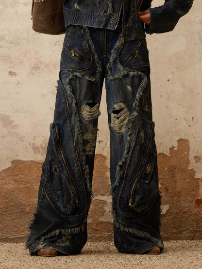 Personsoul Aliens Dirty Ripped Denim Jeans-IYAMIUIO