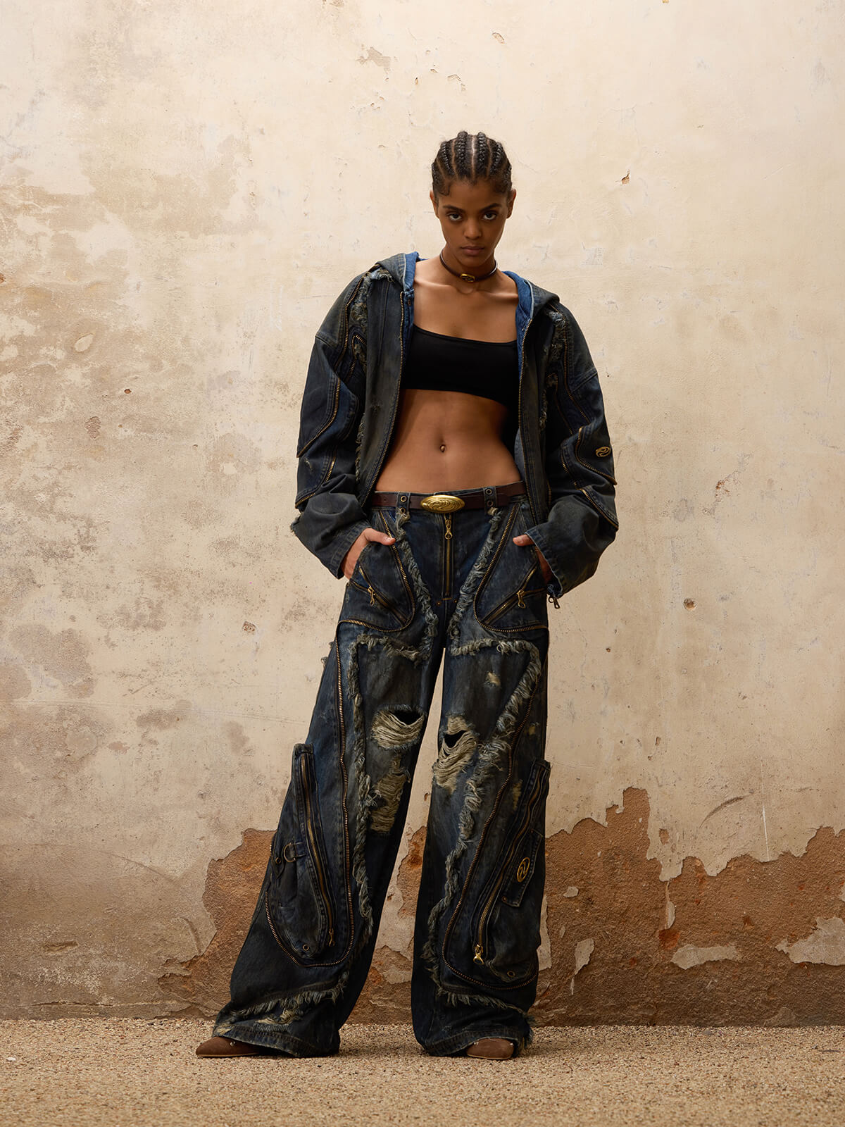 Personsoul Aliens Dirty Ripped Denim Jeans-IYAMIUIO