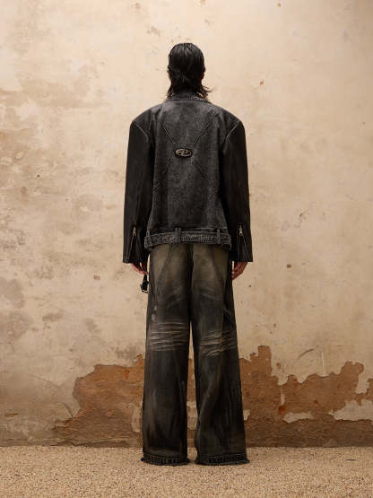 Personsoul Motorcycle Denim Leather Jacket-IYAMIUIO