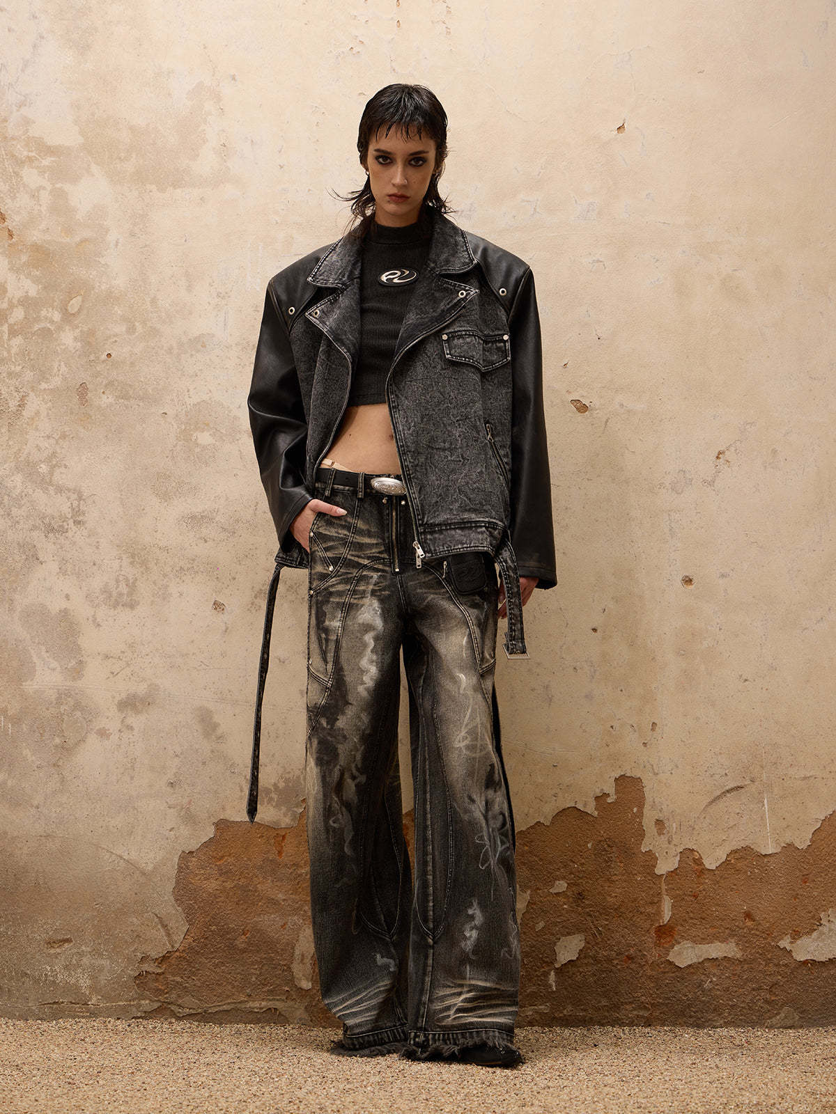 Personsoul Motorcycle Denim Leather Jacket-IYAMIUIO