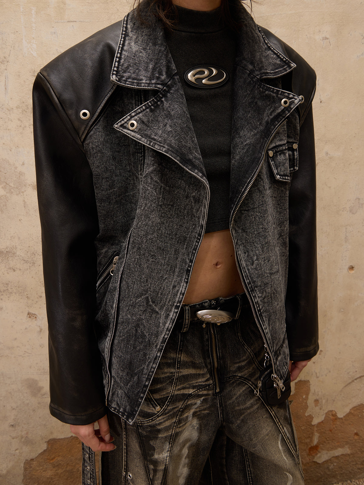 Personsoul Motorcycle Denim Leather Jacket-IYAMIUIO
