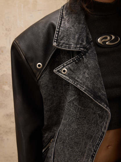 Personsoul Motorcycle Denim Leather Jacket-IYAMIUIO
