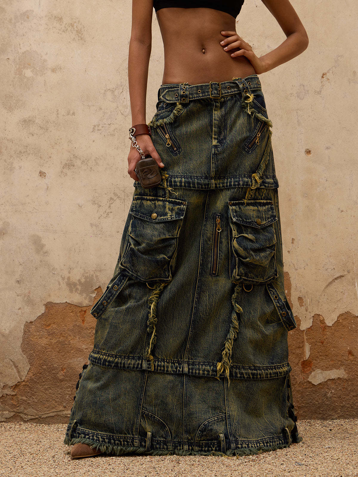 Personsoul Three-Stage Maxi Denim Skirt-IYAMIUIO