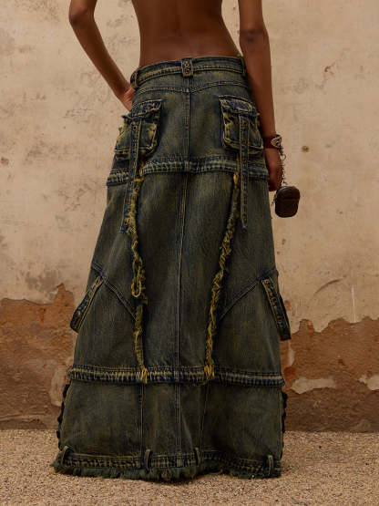 Personsoul Three-Stage Maxi Denim Skirt-IYAMIUIO