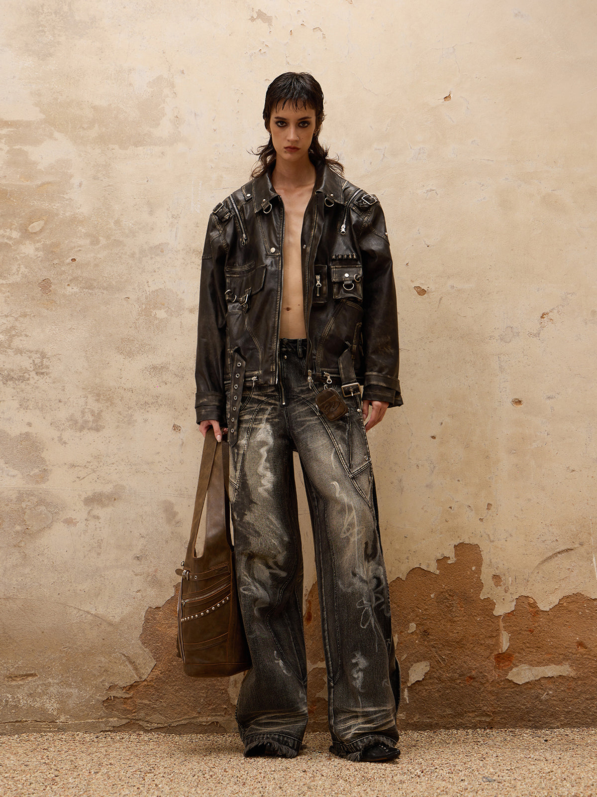 Personsoul Vintage Brush Leather Jacket-IYAMIUIO