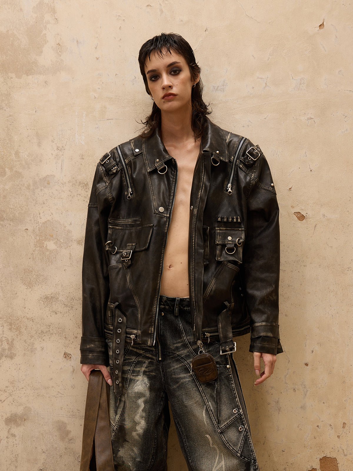 Personsoul Vintage Brush Leather Jacket-IYAMIUIO