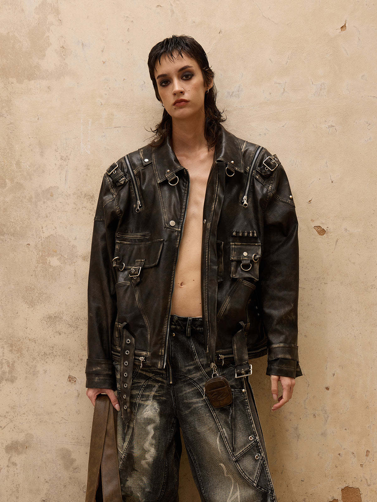 Personsoul Vintage Brush Leather Jacket-IYAMIUIO