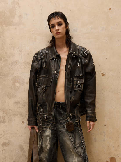 Personsoul Vintage Brush Leather Jacket-IYAMIUIO