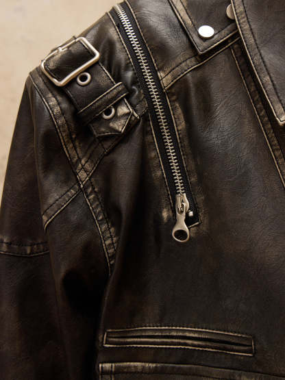 Personsoul Vintage Brush Leather Jacket-IYAMIUIO