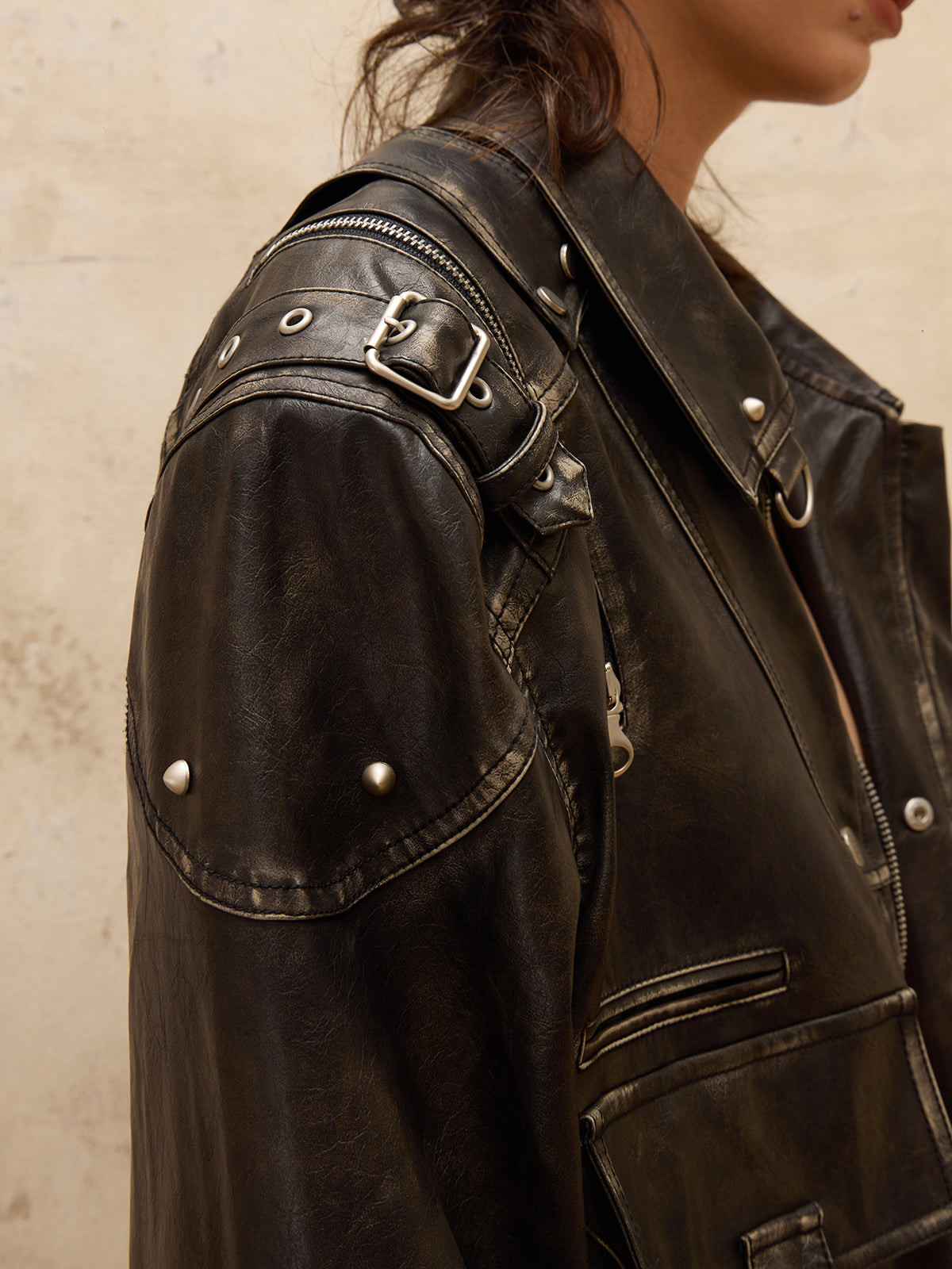 Personsoul Vintage Brush Leather Jacket-IYAMIUIO