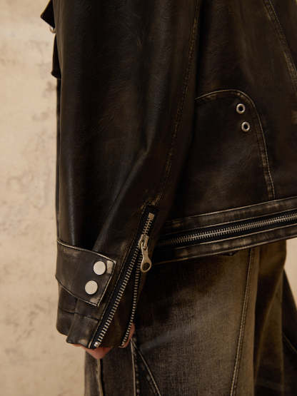 Personsoul Vintage Brush Leather Jacket-IYAMIUIO